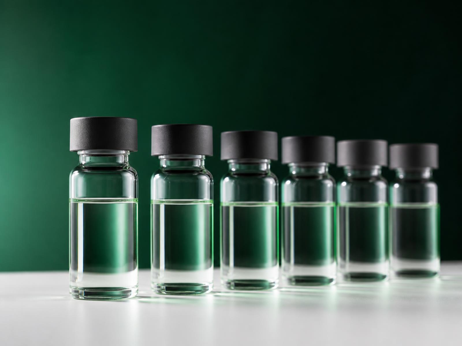 Sealed laboratory vials arranged on a white surface against a deep green backdrop